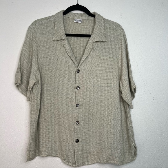 CP Shades tan/beige Flax Blend Short Sleeve Button Down Size Medium - Picture 2 of 7